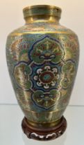 19th century Chinese Bronze and Enamel Champleve vase. Come with wooden stand [34cm high]