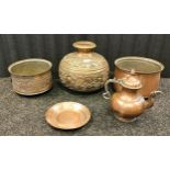 Five various Antique/ vintage Indian copper worked pots, bulbous vase, tea pot and plate.