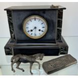 19th century slate mantel clock; Japy Freres bell movement. Comes with a spelter horse figure. [