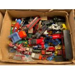 Box of playworn vehicles; mostly corgi and Lesney