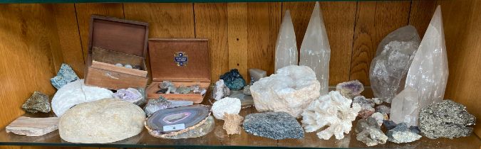 Shelf of semi precious stones, fossils and crystals etc