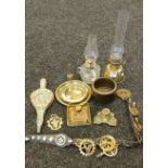 Selection of antique brass wares; Brass and glass paraffin lamp, Waterloo Napoleon figural bell,