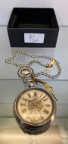 Antique silver plated ornate pocket watch, Chester silver fob and silver plated albert chain. [Needs