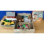 Box of playmobil farm buildings and figures; various vehicle models.