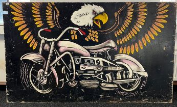 Large Vintage hand painted Carnival board; depicting Eagle and motorcycle. [122x203cm]