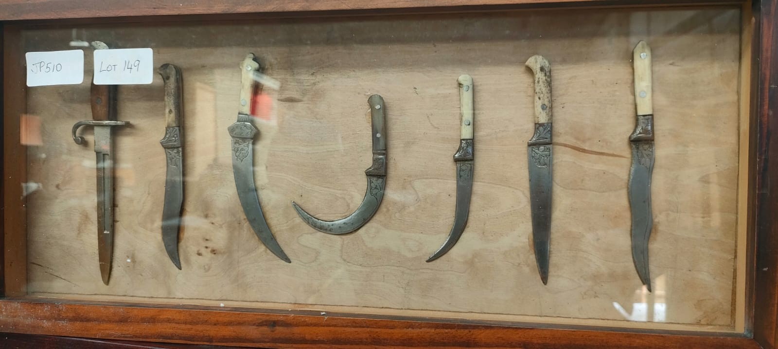 Framed Obsidian and stone arrow and spear heads, Framed Miniature eastern themed daggers, Mexico - Image 4 of 5