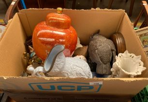 Box of collectables; Bronze effect owl figurine, Victorian water jug, Antique Crinoline lady brass