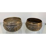 Two antique Silver plated Burmese raised relief bowls. [Largest- 10cm high, 17cm diameter]