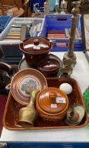 Selection of odds; Cooking tureen, lidded pots, Cast iron skillet and various brass items