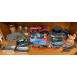 Shelf of collectables; Tin plate car model, tin plate tractor model, metal knight figures and car