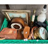 Box of collectables; Barrel wall clocks, onyx table lamps, Mantel clock and various meter gauges