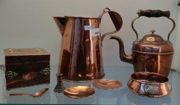 A Selection of Copper and brass mounted items; Antique ornate panel and trim tea box finished with