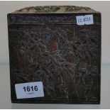 Antique Japanese pewter tea caddy box, Designed with raised relief bamboo and Mount fuji design. [