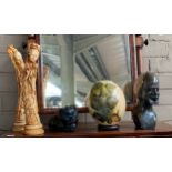 Collectable odds; Ostrich egg, African carved stone bust, carved stone hippo sculpture and two resin