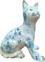 Hand made blue and white Galle Faience model cat. [22cm high]