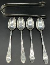 Georgian silver sugar tongs and four Provincial Scottish silver tea spoons by William Scott I of
