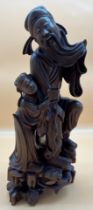 A Large antique Chinese hand carved root wood sculpture of Old man and child. [53cm high]