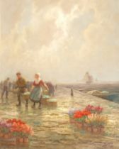 Oil on canvas painting depicting quay scene, signed [H.M Gabriel] fitted within a dark brown