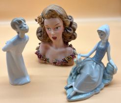 Vintage Italian porcelain lady bust signed C. Galli, together with two Lladro figurines. [Bust- 21cm