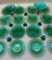 A Collection of art glass; Art Deco green glass plate and dessert dish set, A Set of six vine design