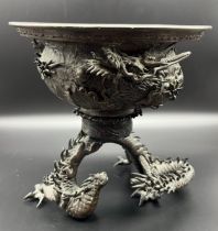 19th century Japanese elaborate bronze raised relief dragon design censor bowl. Raised relief four