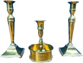 Pair of English brass 18th/ 19th century candlesticks, together with a WWI Trench art candlestick