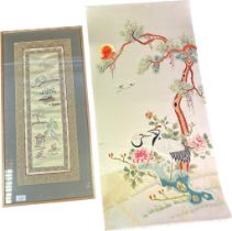 Chinese silk framed tapestry and unframed red crowned crane and tree tapestry