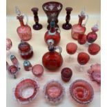 A Collection of antique and vintage ruby and cranberry glass items; Bohemian ruby & facet cut vine