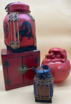Selection of Chinese items; Chinese red glazed raised relief dragon vase, Two lidded preserve pots