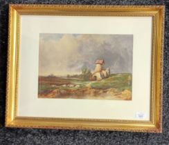 [James Hall Cranston] Framed watercolour depicting sheep and Mill landscape