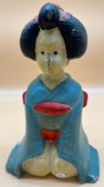 Antique Chinese carved wood and hand painted kneeling Geisha sculpture. [36.5cm in length]
