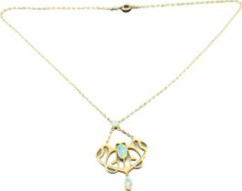 9ct yellow gold necklace with attached 9ct gold pendant fitted with three opal stones. [5.49grams]