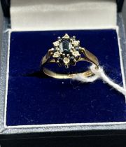 9ct yellow gold, Sapphire and Diamond cluster ring. [ring size N] [2.66Grams]