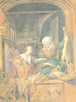 A reproduction of an aqua tint/watercolour copy of Gerrit Dou's 'The Poulters Shop', within a