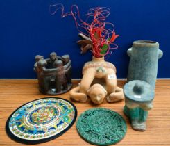 A Selection of Mexican Maya items; Terracotta figural vessel pot, Figural sculpture and Aztec