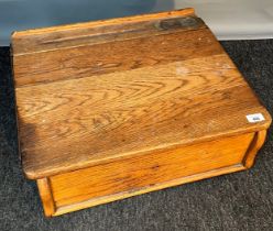 Antique oak table top school desk. Brass slide ink well station & Lift up top section. [24x56x47cm]