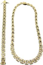 9ct yellow gold unusual linked necklace and matching bracelet. [44.06grams]