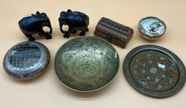 Selection of Eastern Items; Chinese brass worked dragon design bowl, Arabic Brass, copper and silver