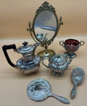 Selection of Plated and brass items; Ornate brass body table top mirror, E.P Coffee pot, tea pot,