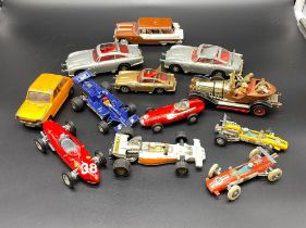 A collection of playworn car models to include Dinky 007 db5 Aston Martin and Corgi Chitty Chitty