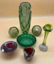 A selection of art glass; Bohemian Czech Skrdlovice art glass vase by Jan Beranek, Ruby glass dish