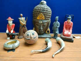 Selection of Asian collectables; Wooden buddha head sculpture, Terracotta Oni mask sculpture, Plated