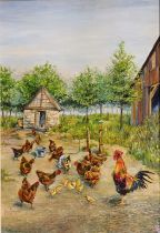 Jane Dampster Elegant Oil on canvas depicting farmyard chicken and chicks, signed and dated 2005. [