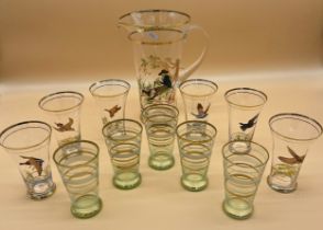 Vintage Huntsman and game bird lemonade set; jug and 6 glasses. Together with a set of five