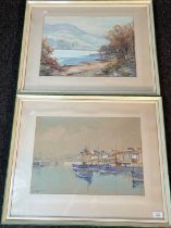 J.K.Maxton Two Original watercolours depicting harbour scene and loch and mountain landscape. Both