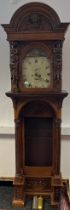 19th century long cased grandfather clock, the shaped top with raised relief angel figure to the
