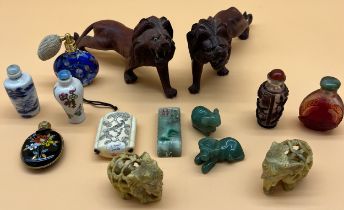 Collection of Chinese collectables; Two glass carved snuff/ perfume bottles, Jade carved