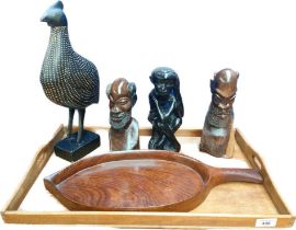 Selection of wooden items; vintage wooden tray, vintage serving tray, three east African wooden