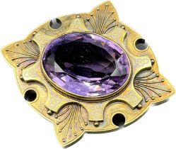 Antique 14ct/15ct yellow gold, white enamel and large amethyst stone brooch/ pendant. [Amethyst-