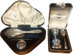 Two boxed silver sets; Boxed Birmingham silver Hand brush, comb and silver topped and cut glass